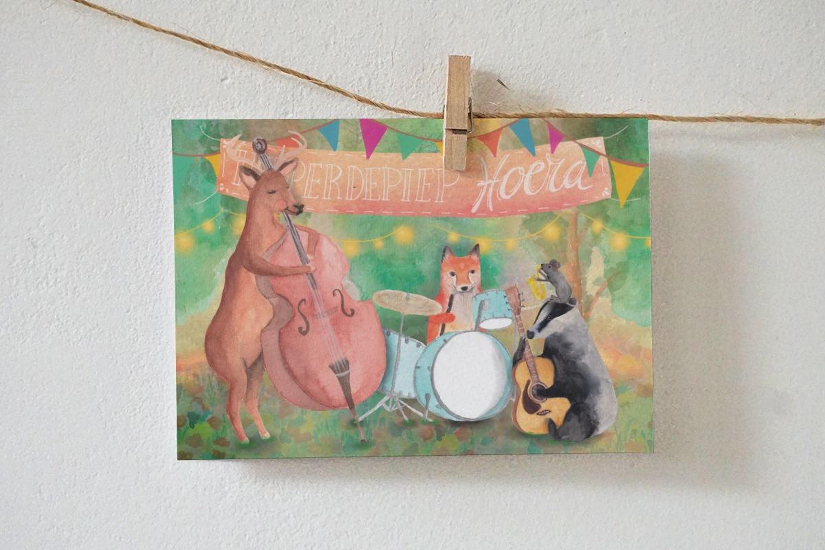 Lotte Drouen Ansichtkaart Hieperdepiep Hoera Dierenband 3 Lotte Drouen Ansichtkaart Hieperdepiep Hoera Dierenband